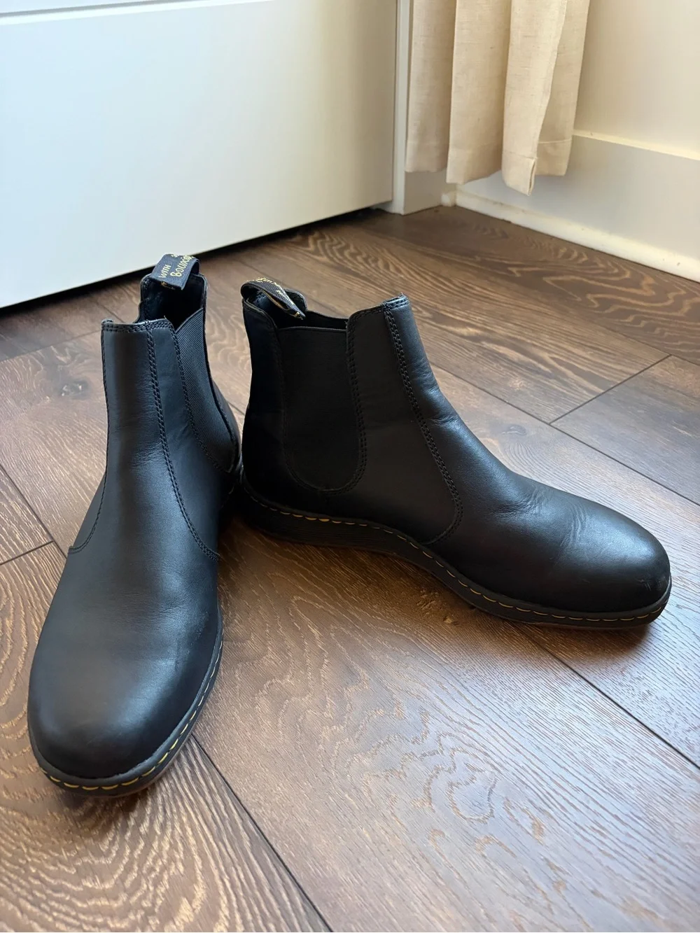 Dr. Martens Black Leather Chelsea Chukka Boots with Yellow Stitching